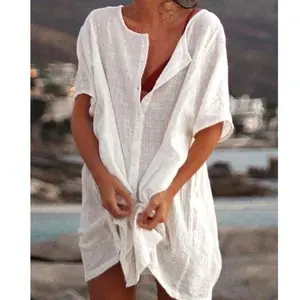 Women's Swimsuit Coverup Shirt Dress Button Down Short Sleeve Tunics Tops Bathing Suit Cover Up Vacation Beachwear