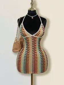 ARTYOTI Colorful Jacquard Knitted Contrast Ribbed Edge Beach Frock Boho Chic