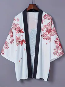 Cherry Blossom Koi Print Kimono Jacket, Loose 3/4 Sleeves Summer Haori Kimono Jacket, Lightweight Sun Protection Shirt for Couples Casual Travel Wear, Womenswear