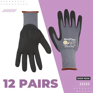 12 Pairs | Maxiflex ATG 34-874 Ultimate - Nylon, Micro-Foam Nitrile Grip Gloves - Black/Gray (Pack of 12 Pairs)