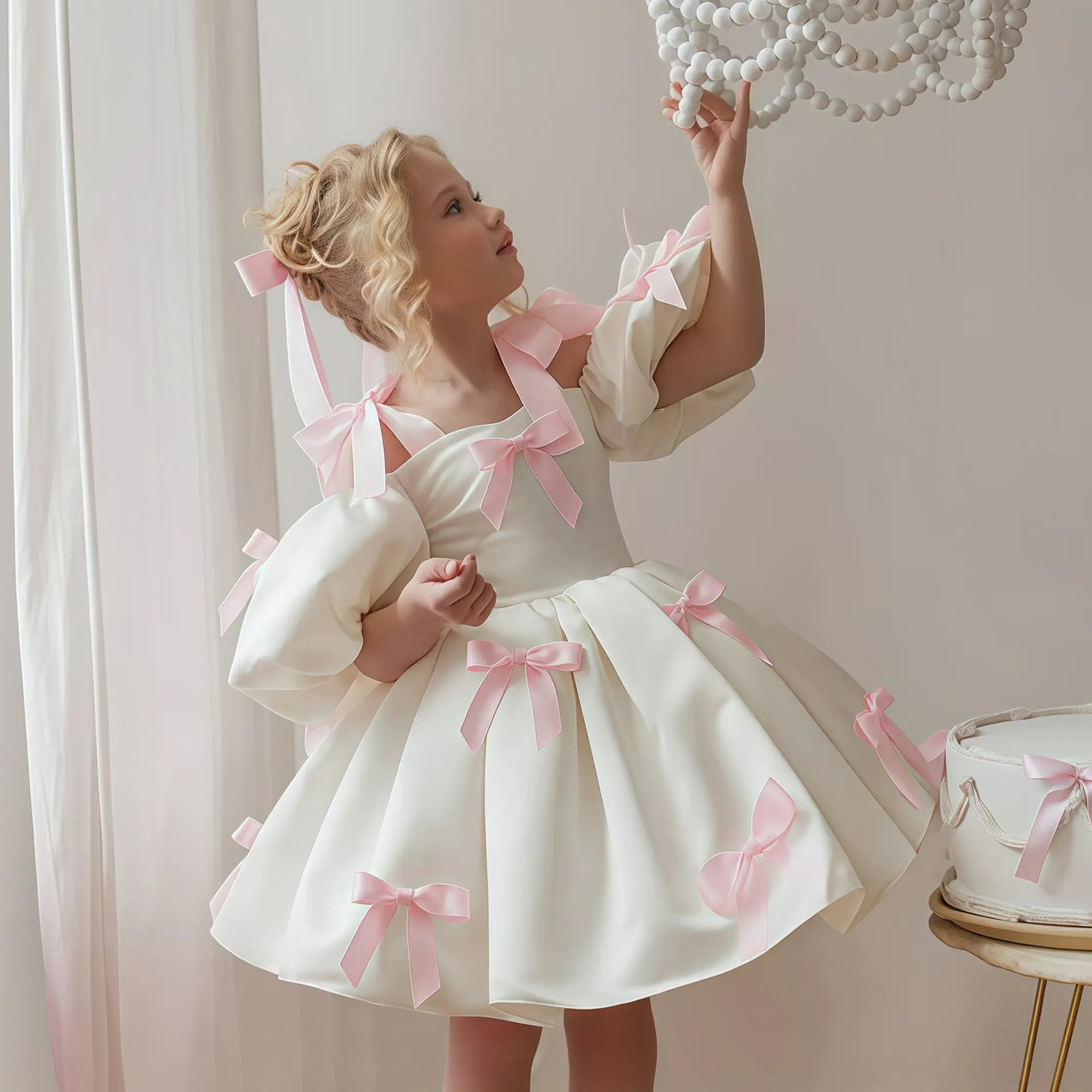 Kid Girls Princess bubble Dress Puff Sleeve Color Contrast Bow Accents Dress For Party Piano Performance (2-8Y,White) 256136