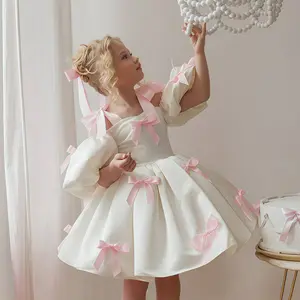 Kid Girls Princess bubble Dress Puff Sleeve Color Contrast Bow Accents Dress For Party Piano Performance (2-8Y,White) 256136