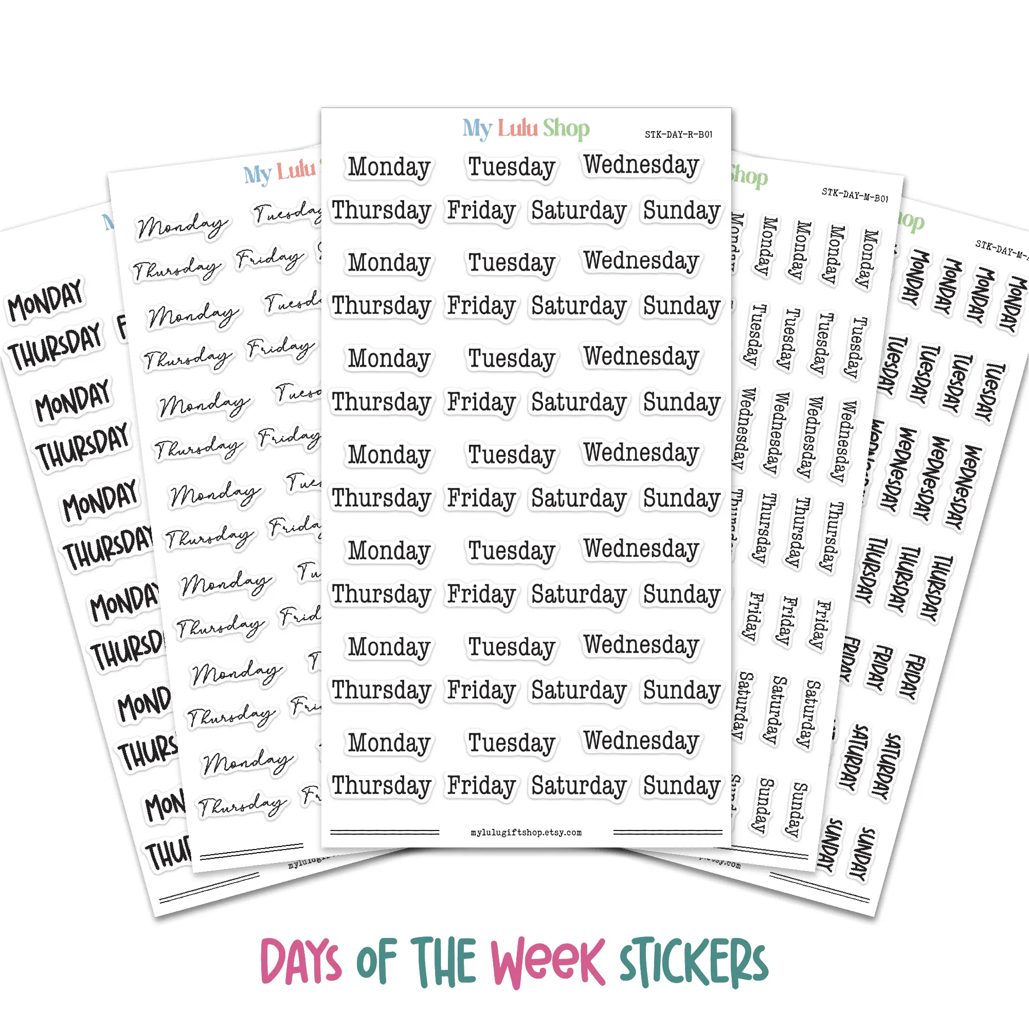 Days of the Week Planner Black Stickers for Calendars & Journals - Clear Glossy or White  Premium Matte Sticker Vinyl - Perfect for Festive Planning & Organization - MINI & REGULAR Size