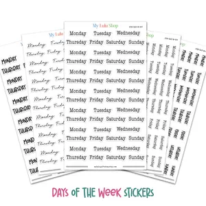Days of the Week Planner Black Stickers for Calendars & Journals - Clear Glossy or White  Premium Matte Sticker Vinyl - Perfect for Festive Planning & Organization - MINI & REGULAR Size