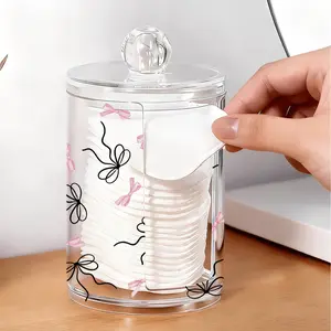 Cute Bow Print Cosmetic Cotton Pad Storage Box, Acrylic Transparent Material, Cotton Swab & Dental Floss Holder, Home Office Desk Organizer, Desktop Storage Box, Portable Storage Organizer, Beauty Organizer, Cosmetics Storage Box