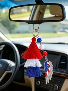 July 4th Keychain, Patriotic Blue Fringe Keychain, Gold Angel Wing Pendant, Beaded Accessory, Independence Day Bag Charm, Holiday Gift, Beaded Tassel Keychain, Stylish Keychain, Aesthetic Keychain
