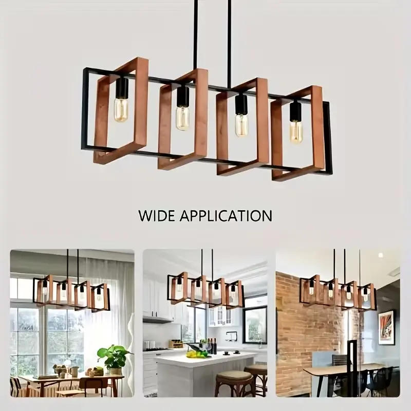Modern Wood Grain Pendant Light 4-Light Adjustable Height Semi Flush Fixture Metal Frame Line Voltage Interior Lighting with Retractable Pole for Soft Summer Ambient Light Convenient Hardwired Installation for Kitchen Island Dining Room Bulbs Not Included