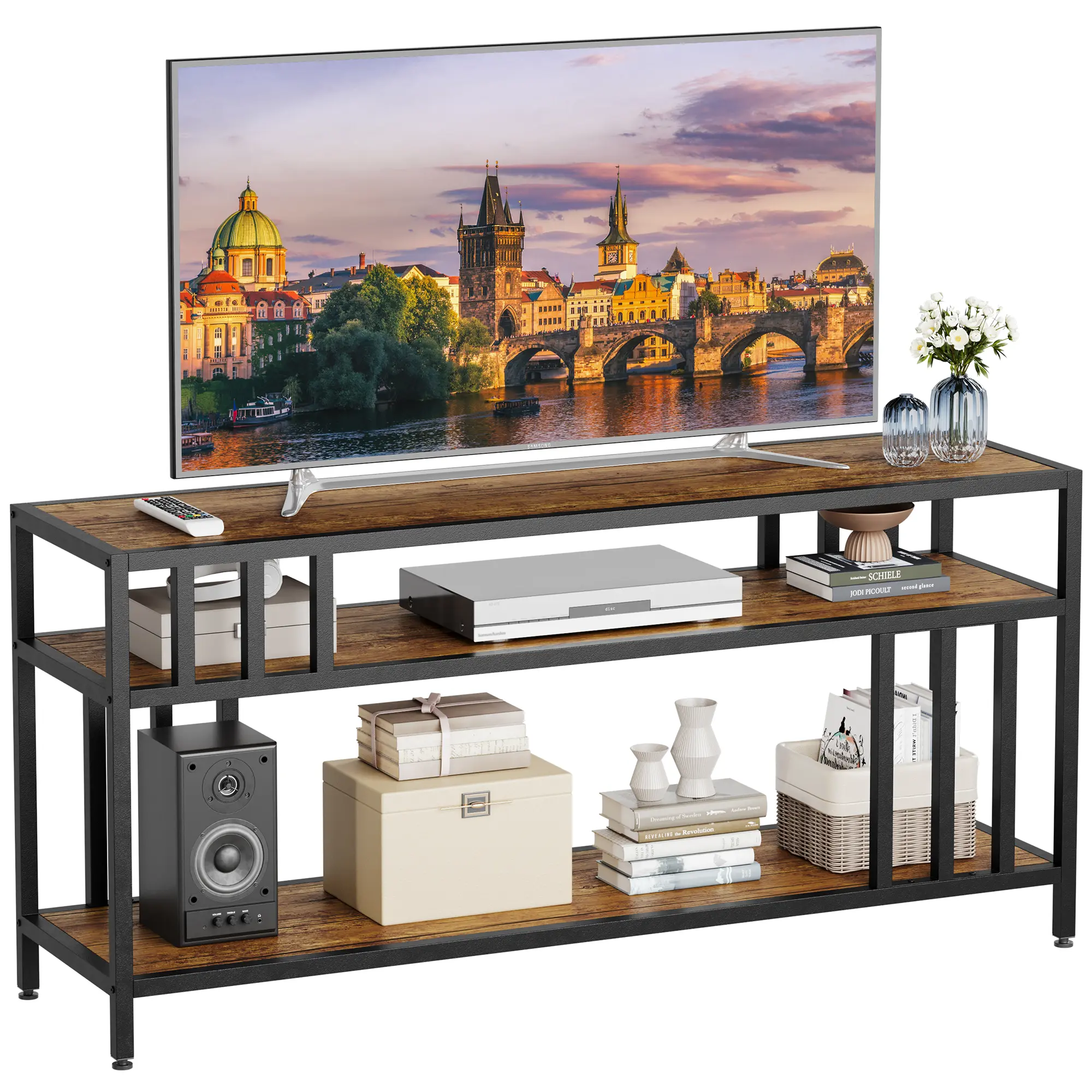 TV Stand – Fits 58" / 65" TVs up to 75", Industrial Entertainment Center with 3-Tier Open Storage & Quadruple-Tube Support for Living Room