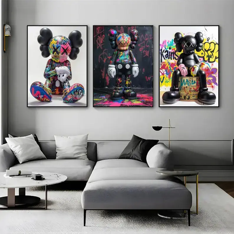 Minimalist Graffiti Figure Poster Set Of 3,Urban Wall Art,, Printable Modern Street Art,Room Decor For Home Office,Art Print Set Black And Colorful Graffiti Pattern With Logo For Living Room Wall Decor