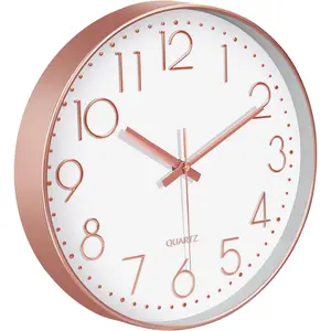 8 Inch Silent Battery Operated Wall Clock, Analog Non Ticking Rose Gold Quartz Clock with Oversized Number Tempered Glass Face for Living Room Bedroom Kitchen Office