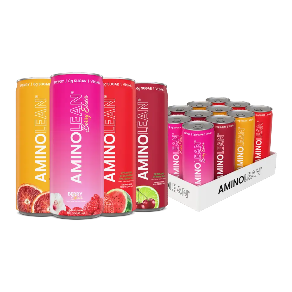 AminoLean Energy Drink (12 Pack) - Natural Caffeine from Green Tea, Zero Sugar, Vegan - 12 oz Cans Beverage Sport