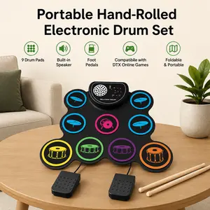 9-piece roll-up electronic drum pad kit with headphone jack and built-in speakers, comes with free drum sticks and foot pedal. Ideal gift for Valentine's Day, back-to-school season and birthdays. Percussion Musical Instruments Beginner Drum Kit drums