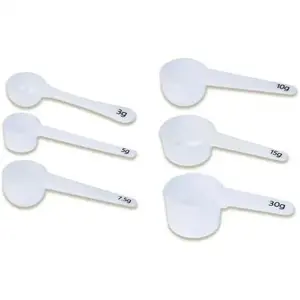 Measure spoons| measuring spoons set of 6| exact dosing 3 gram scoop, 5 gram scoop, 7,5g, 10g, 15g, 30g| kitchen measuring set for  and liquids| plastic  spoon and cups