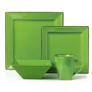 212 MAIN Lorenzo Import LH501 Sturdy 16-Piece Multi-Size Double Beads Square Stoneware Kitchen Tableware Set - Green, Includes Plates, Bowls, Mugs