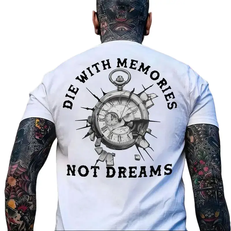 Men's Oversized Loose Digital Print "Die With Memories" Cotton Top, Casual Streetwear Menswear, 100% Cotton Short-Sleeve Round Neck Sports Top, Crew Neck