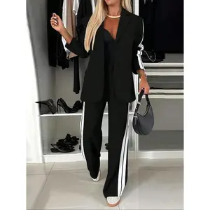 Women's New Style Loose-Fitting Long Sleeve Jacket & Pants Set, Striped Patchwork Casual Blazer Two-Piece Suit, Comfortable Elegant Lapel Design For Autumn And Winter Set