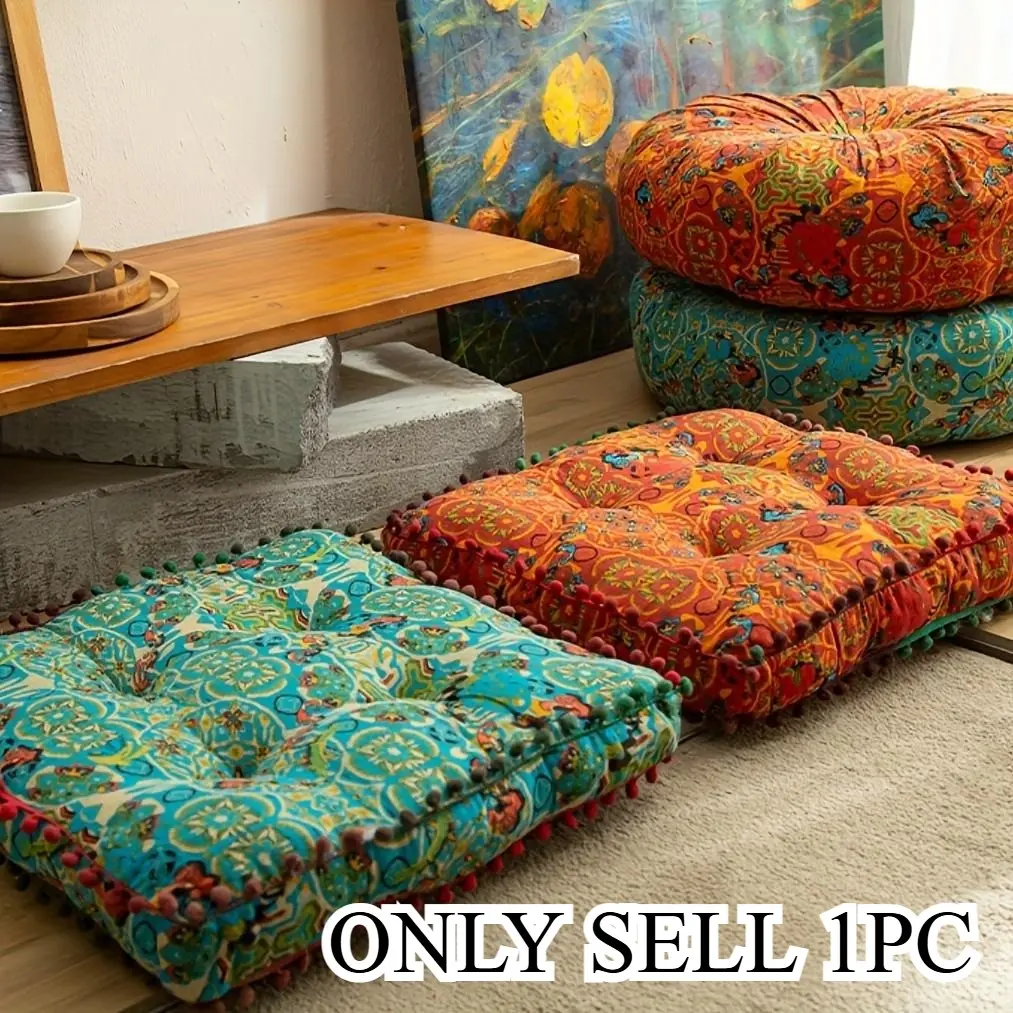 Bohemian style square thick cushion - multifunctional and comfortable home decoration pillow with plush balls, resistant to fading polyester fiber Thickened Cushions, Home Decorative Cushion