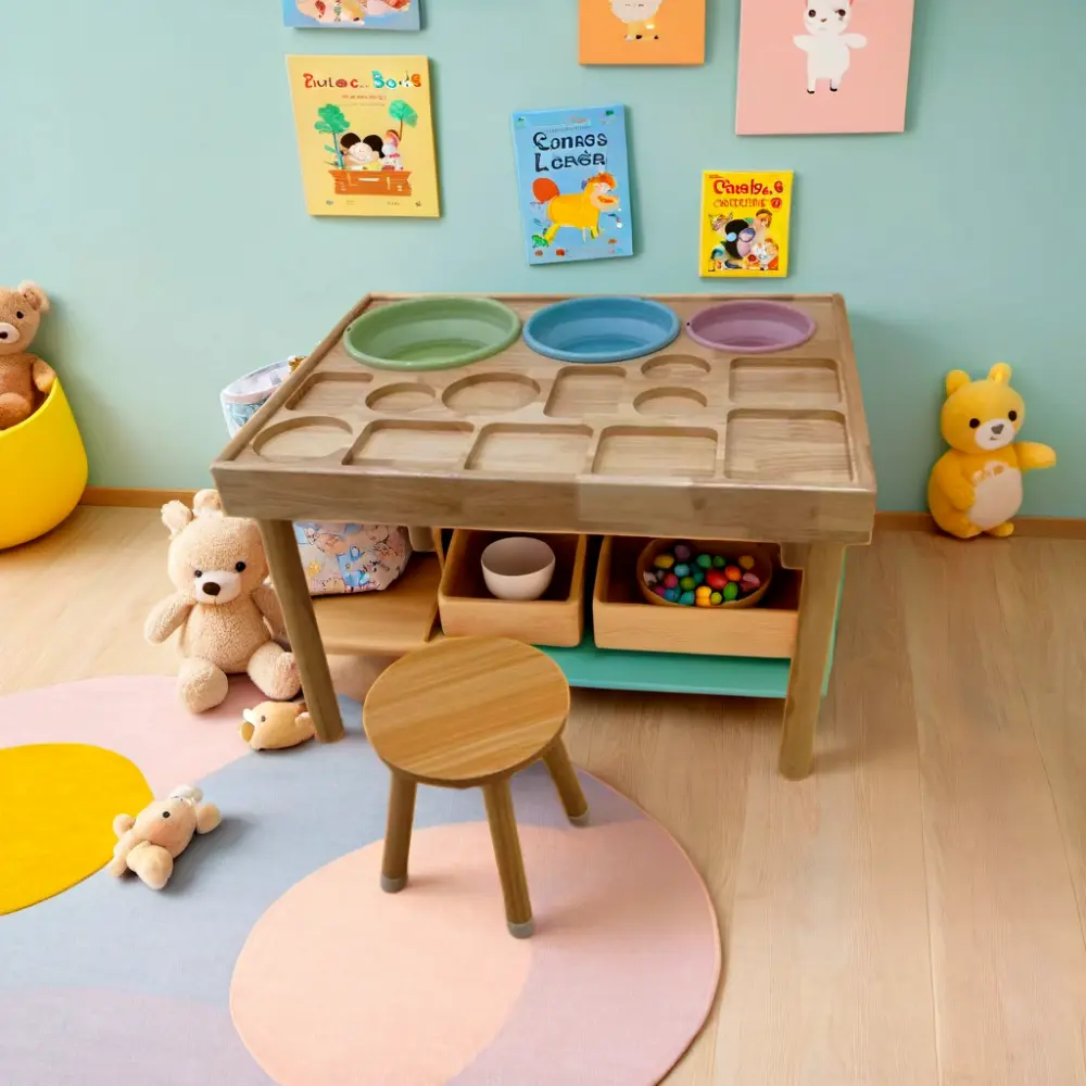 Wooden Kids Sensory Table & 2-Stool Set, Multi-Functional Children's Activity Desk with Reversible Board, 3 Collapsible Bins for Toddler Craft Play