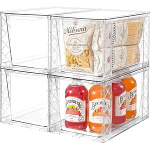 4Pack Stackable Kitchen Storage Organizer, Pantry Organizers and Storage, Clear Foods Organizer Bins with Handles, Easily Assemble for Bathroom, Kitchen, Pantry, Cabinet, Closet