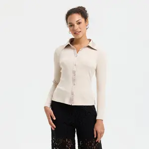 Women's Contrast Collar Cardigan Sweater - A New Day Beige XS