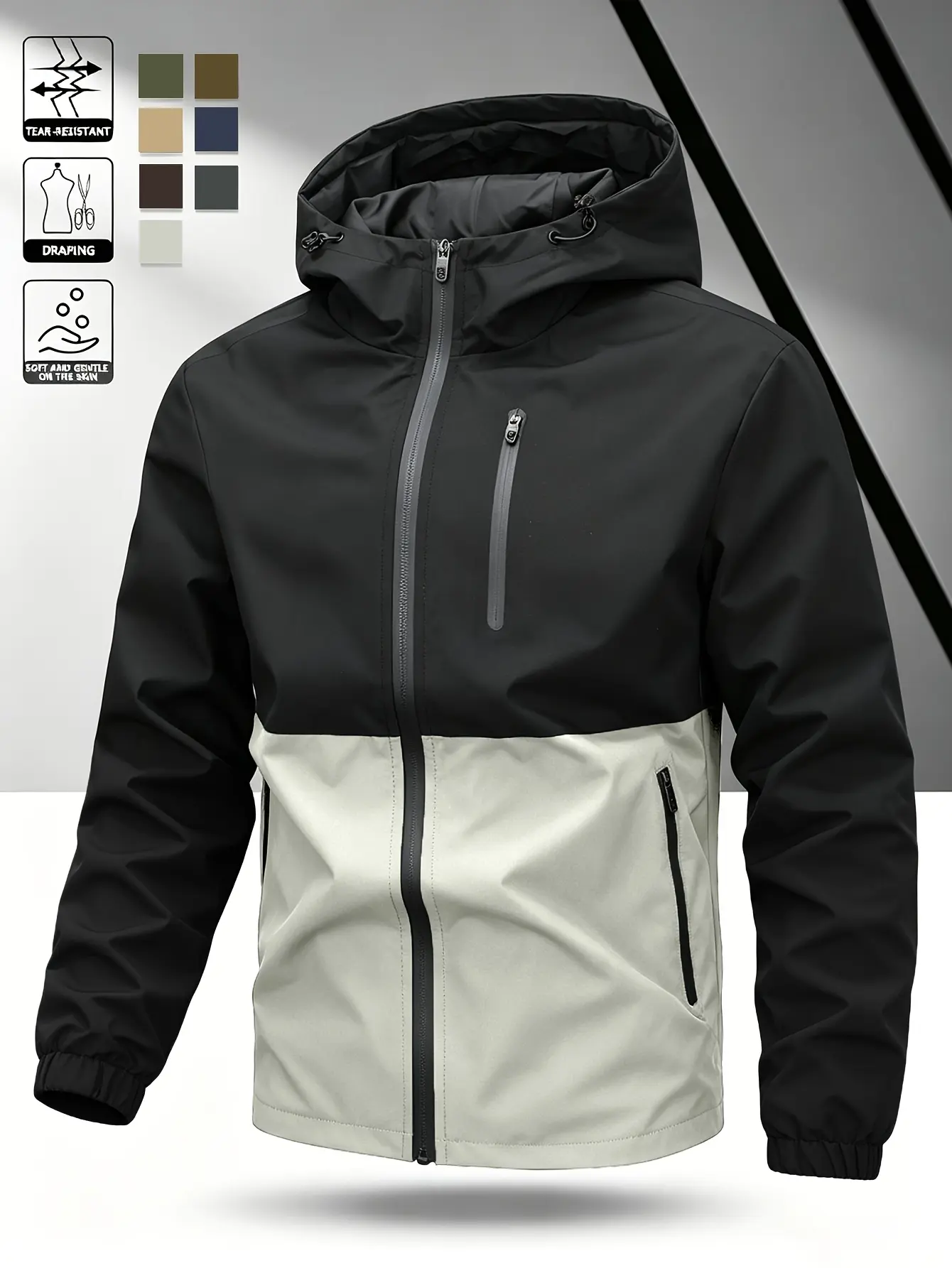 Men’s Color-Block Polyester Hooded Hard Shell Lightweight Coat - Tear-Resistant, Wear-Resistant, Contrast Zips, Multiple Waterproof Zippered Pockets, Adjustable Drawstring Hood, Long-Sleeve Autumn/Winter Outerwear for Mountaineering, Hiking, Hard Shell Me