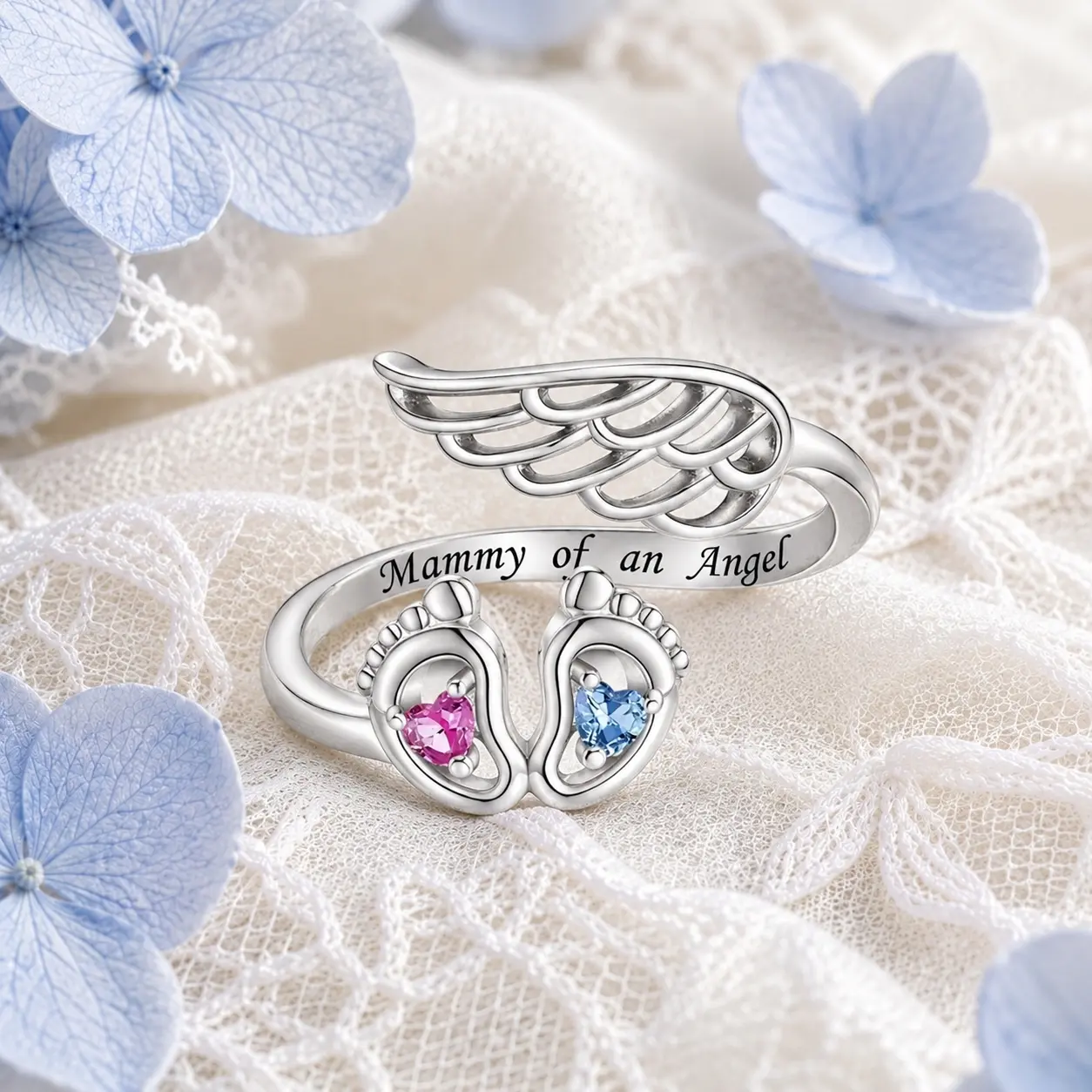 Women's Adjustable Angel Wing Design Cuff Ring - Adjustable Open Style, Engraved Letter"Mommy of an Angel", Elegant All-Match Fashion Statement Jewelry for Daily Wear