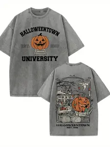 Vintage Halloweentown University Est 1998 T‑Shirt, Pumpkin Spooky Town Washed Black Cotton Oversized Short Sleeve Tee, Retro Halloween Movie Casual Crewneck Shirt with Front & Back Print
