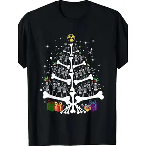 Men's Radiology Skeleton Christmas Tree Xray Tech Team Shortsleeve Tshirt - Menswear, Retro Round Neck, Regular Fit, Heat Transfer Print, Unisex Graphic, Funny Freak Cat Meme Design, Black Casual Streetwear