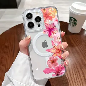 Cute Lilies Flower Pattern Magnetic Clear Compatible with MagSafe Shockproof Protective Phone Case for iPhone 17 16 15 14 13 12 11 Pro Max X XS MAX Air 17E Girly Gift