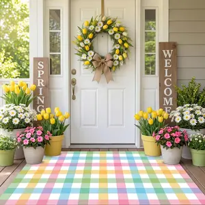 Pastel Checkered Rug, Decorative Rug, Colorful front porch doormat, Spring Garden Welcome Carpet, Macaron plaid design, Easter Country-Style Floor Mats, Soft comfortable washable, Suitable for doorways, entryways, Easter Spring Decor