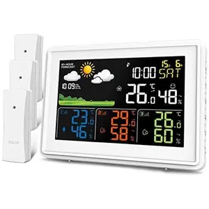 Weather Station with 3 Sensors, Color Display Digital Atomic Clocks with Indoor Outdoor Temperature