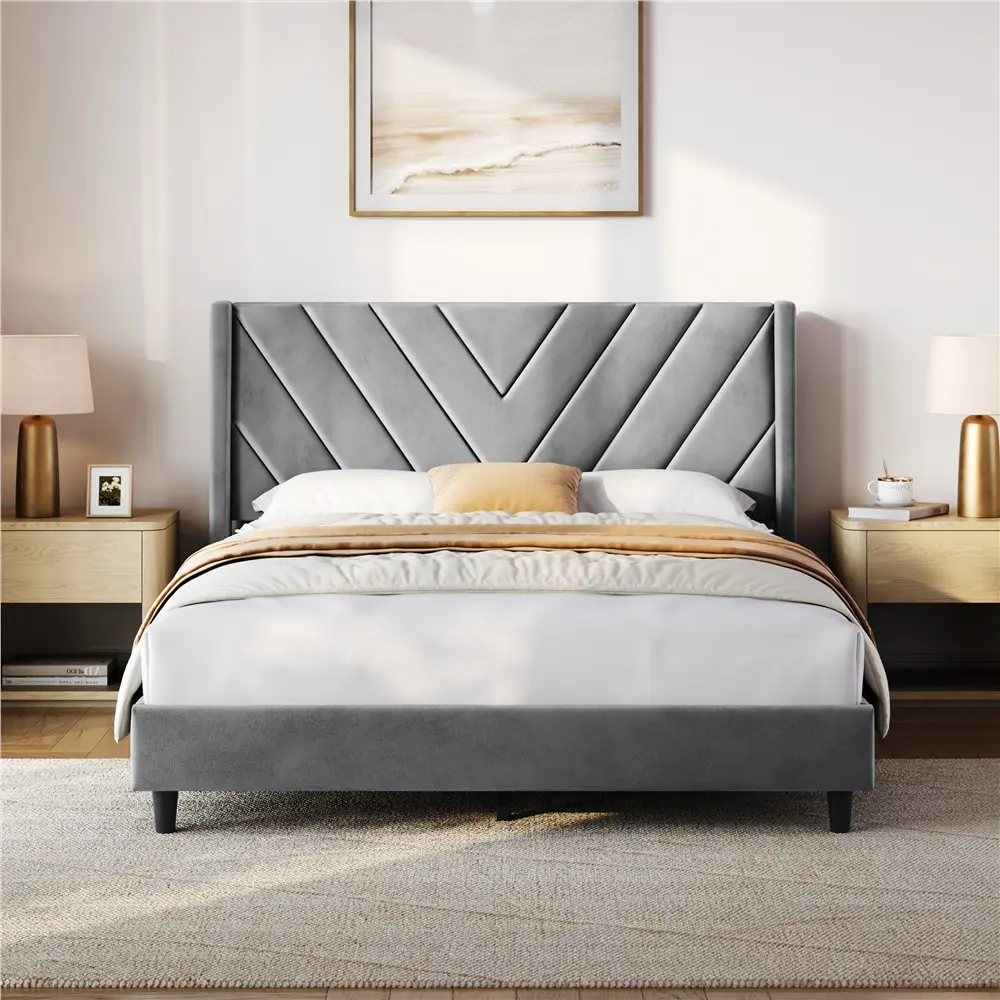 【Queen Size】Costoffs Upholstered Platform Bed Frame with Tufted Headboard Wing Side, Fabric Upholstered Bed Frame with Wooden Slat Support