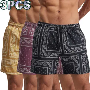 Men’s 3-Pack Classic Stylish Bandana Print Shorts Set, Menswear Casual Elastic Drawstring Waist, Side Pockets, Bold Paisley Pattern for Summer Street & Vacation Wear