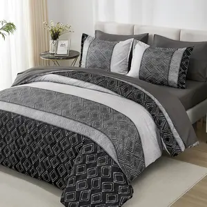Comforter Set Dark Gray Boho,7  Bed in a Bag  Size Lightweight Black Bedding Sets Striped Comforters with Plaid Bed Set with Sheets for Men Summer