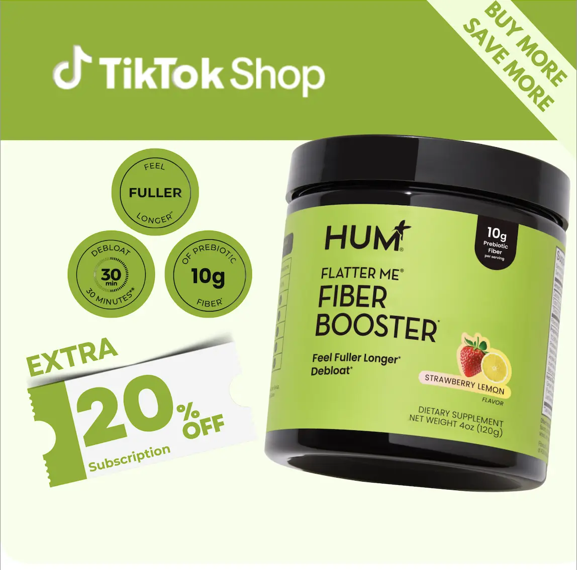 HUM Flatter Me Fiber Booster - Daily Prebiotic Fiber Supplement with Digestive Enzymes & Botanical Blend - Non-GMO, No Artificial Colors or Sweeteners - Wellness Routine Support