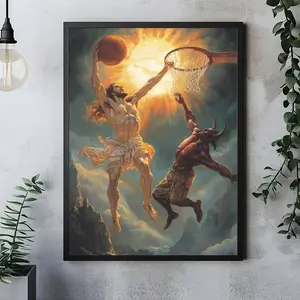 Epic Basketball Duel Canvas Print, 30.48x40.64cm Frameless Wall Art, Jesus & Devil Sports Theme, Inspirational & Humorous Decor for Home, Office, Cafe, Religious & Basketball Fans