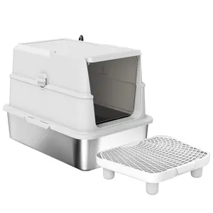 XL Stainless Steel Cat Litter Box for Large Cats High-Sided Enclosure with Flip Cover Scratch Resistant Odor Resistant Design