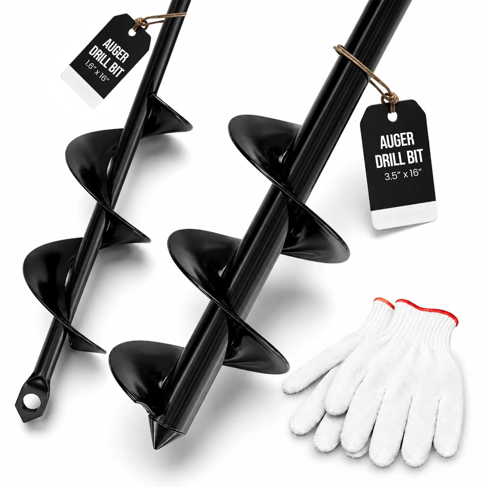 Post Hole Diggers, 2pk Auger Drill Bit for Planting with Gloves 1.6 x 16 Inch & 3.5 x 16 Inch Set Heavy Duty Garden Spiral and Bulb Planter Tool for Digging Holes Compatible with 3/8 Inch Hex Drive