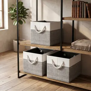 Foldable Storage Bins 3 Pack Large Organizer Baskets for Toys Books Closet Shelves with Rope Handles White Grey