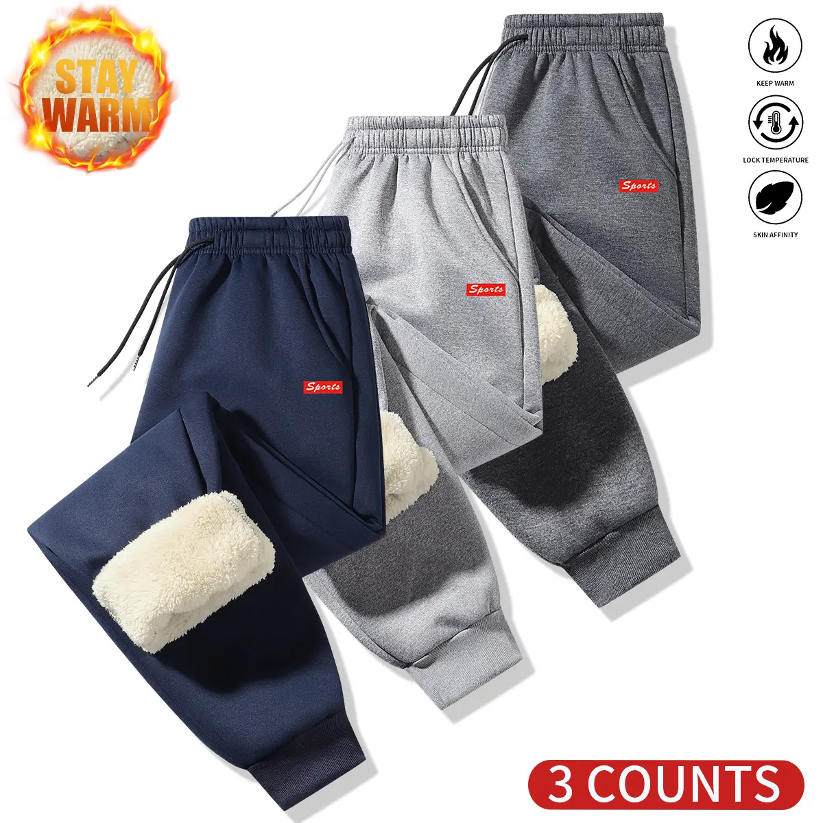 Men's three-piece warm winter sports suit with fleece lining and pattern design.The inner layer is made from thick fabric, providing warmth and comfort, suitable for outdoor activities and cold weather.
