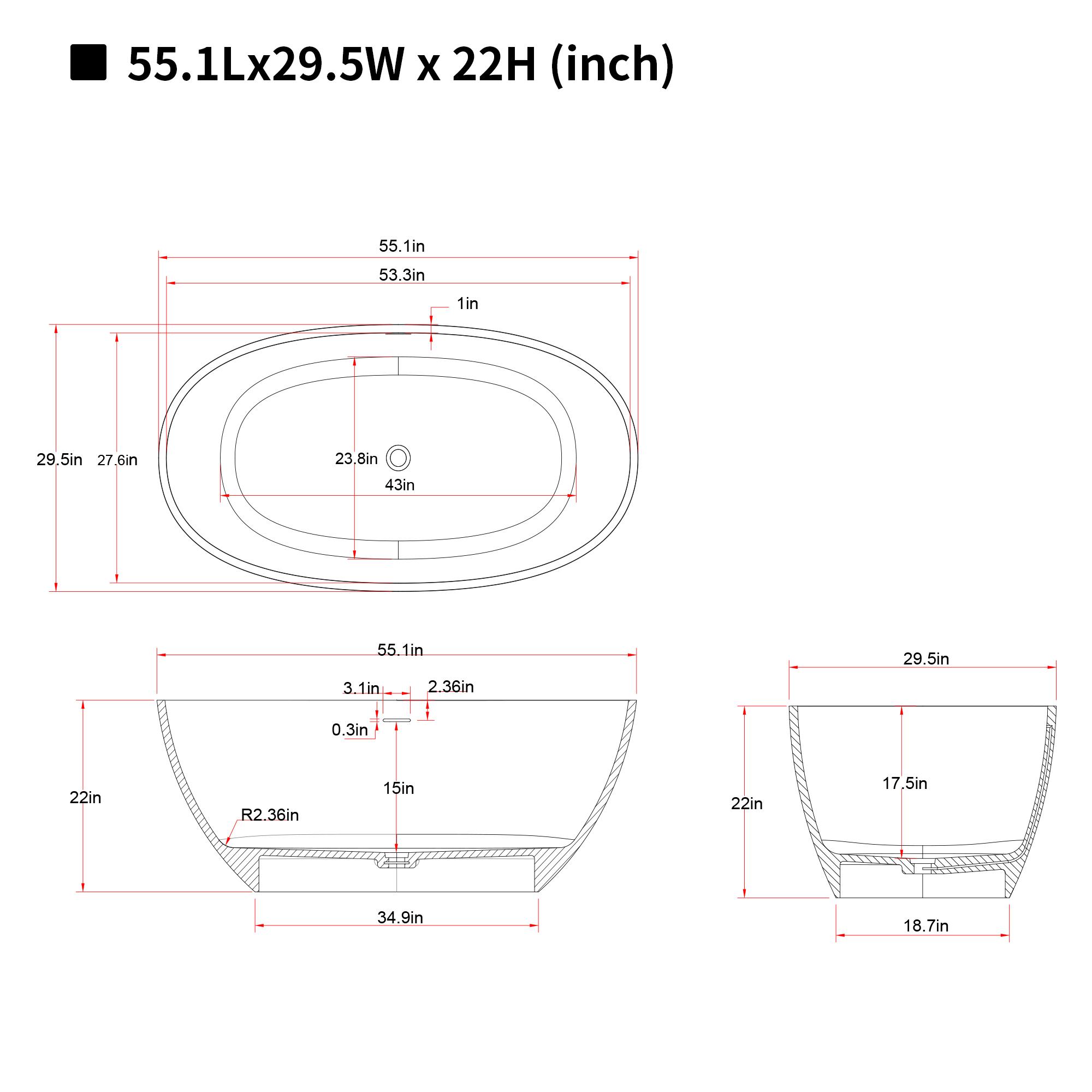 55' Freestanding Bathtub Resin Stone Soaking Bathtub Solid Surface Modern Tubs with Overflow and Pop-up Drain