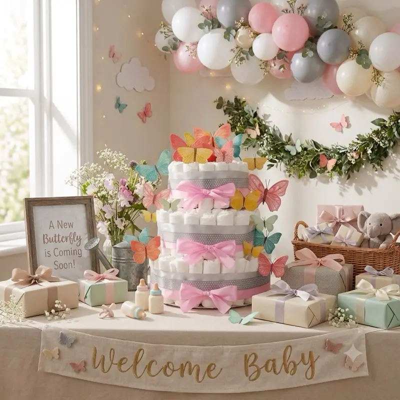 Decorative Butterfly Diaper Cake Kit - Watercolor Butterfly Girl Baby Party Centerpiece & Gift, Make-Your-Own 3-Tier Pink Set with Reusable Base, Polka Dot Accents, 2-3 Packages for Easy Kit Assembly, Baby Shower