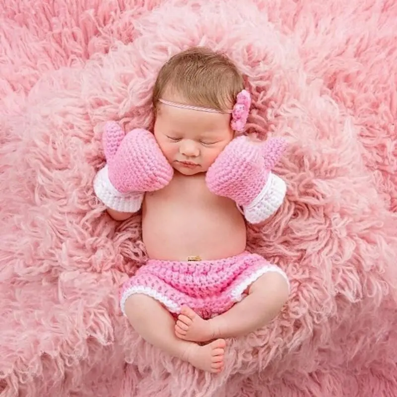 Cute Newborn Boy Girl Baby Crochet Knitted Outfits Photography Shoot Props Boxing Style Glove Pants Gift Sets