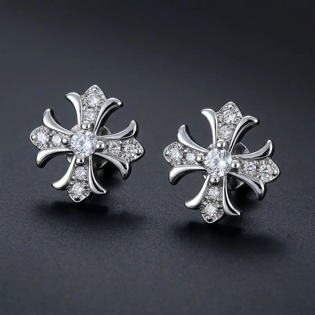 Gothic Cross Stud Earrings for Men Women Silver Tone Inlaid Sparkling Zircon Crystal Punk Hip Hop Rock Vintage Religious Cross Earrings Jewelry Gift