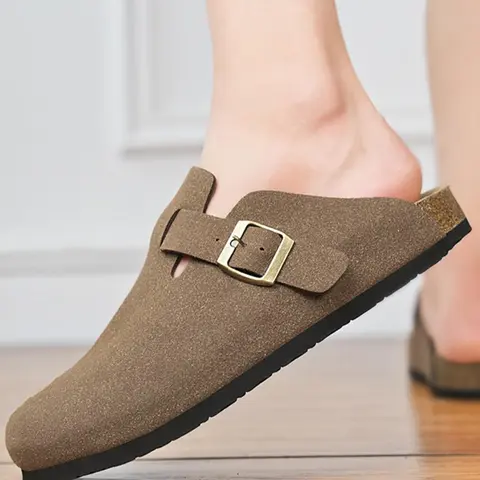 Unisex Cork Heel Clogs, Mules Clogs, Breathable Lightweight Clogs, Casual Comfortable Suede Fashion Slippers with Adjustable Buttons, Outdoor Slip-ons and Walking Shoes, Footwear, Flat Shoes, Minimalist Clogs