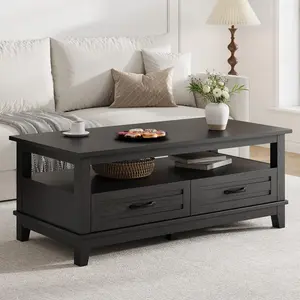 Garvee Farmhouse Coffee Table with Drawers, 47.2" Rustic Center Table Featuring Open Shelf and 6 Support Legs, Available in Black and Walnut Finish, Large Living Room Table with Storage