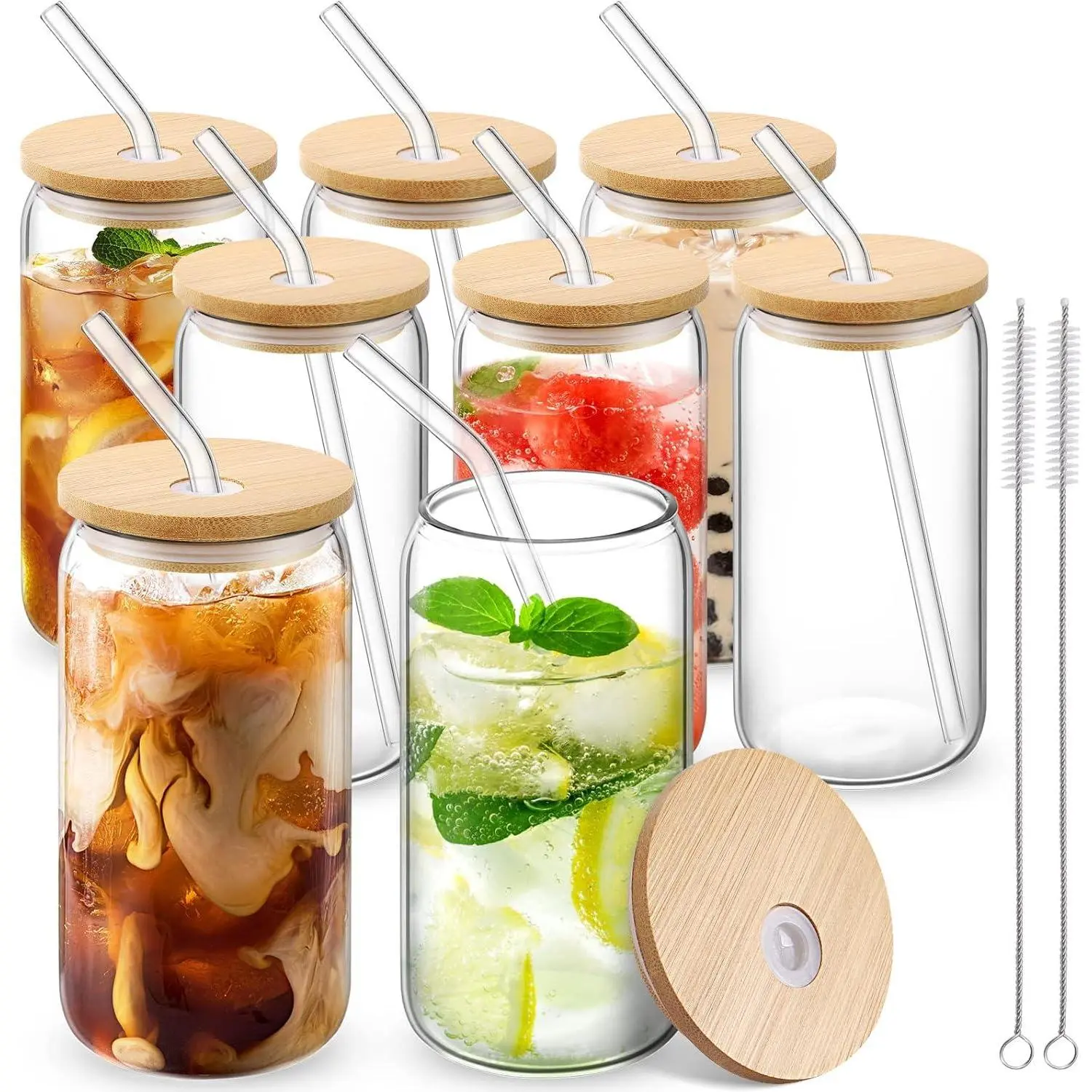 Bamboo Lid Drinking Glasses Set 8/10/12pcs 16oz Glass Straw Cups for Iced Tea Beer Coffee Aesthetic Coffee Bar Gift 2 Brushes Ideal for Coffee Lovers