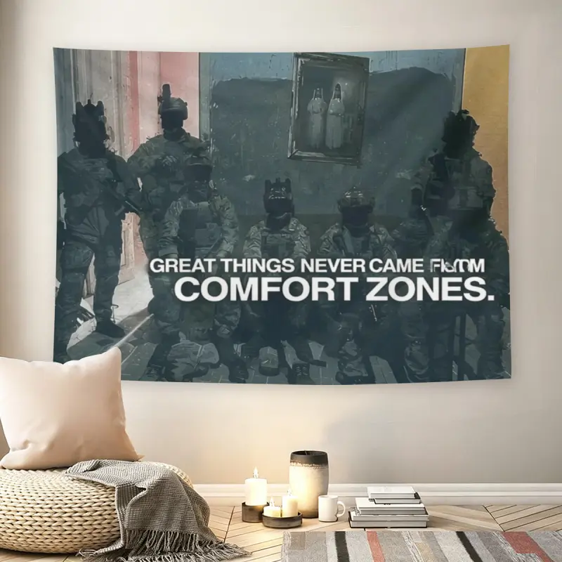 Tactical Soldier Team Comfort Zone Quote Wall Flag, Military Inspirational Text Tapestry, Mid-century Modern Grunge Room Decor for Adult Fans, Motivational Special Forces Wall Hangingmusic comics wall flags custom tapestries