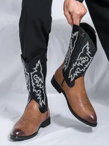 Men's Western Cowboy Boots, High Top Patchwork Embroidered Knight Pointed Toe Boots, Side Zipper Design, Stylish Footwear for Men