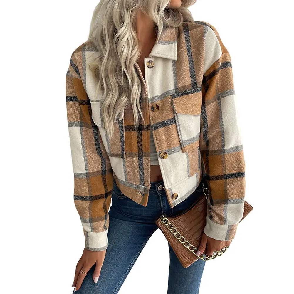 YESFASHION Women's Plaid Lapel Button-Down Long-Sleeve Cropped Shacket with Pockets, Casual Women's Tops Jacket